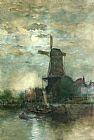 Fredericus Jacobus Van Rossum Chattel Canvas Paintings - A Moonlit Windmill